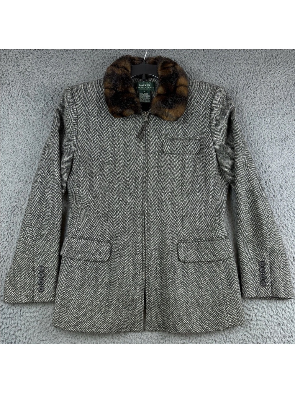 Ralph Lauren Gray Herringbone Blazer with Faux Fur Collar